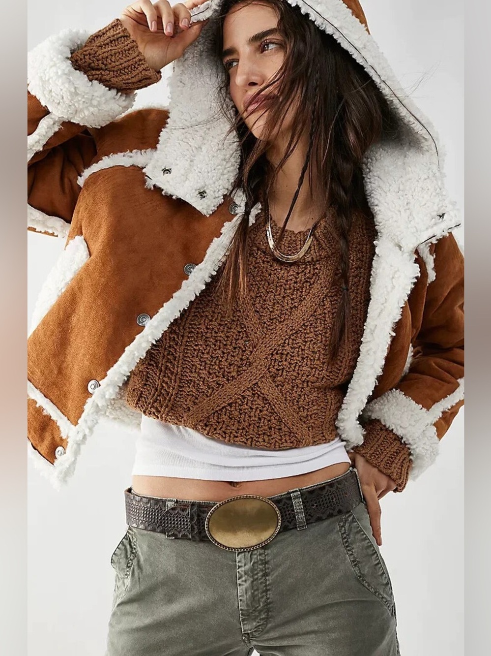 Free People Vegan Shearling Hooded Jacket — Brown/Cream